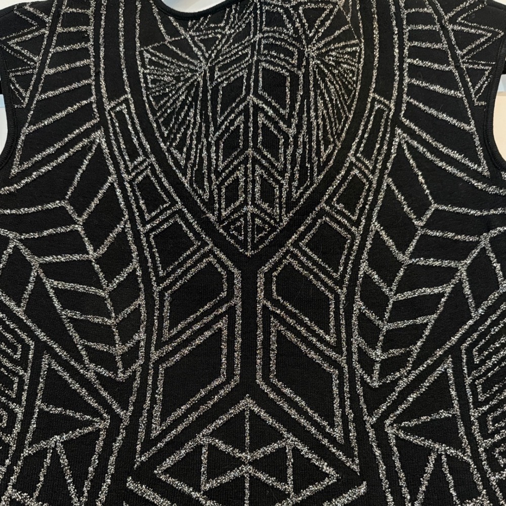 RVN Abstract Jacquard Mini Dress Black Silver Metallic V-Neck Bodycon Small - Picture 11 of 11